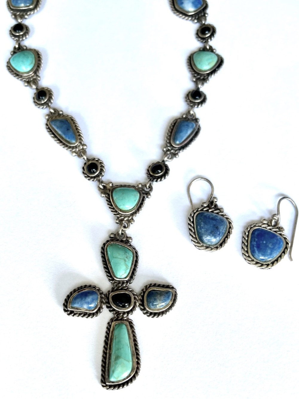 VINTAGE USA BARSE TURQUOISE LAPIS 925 Sterling Silver CROSS Necklace & Earrings